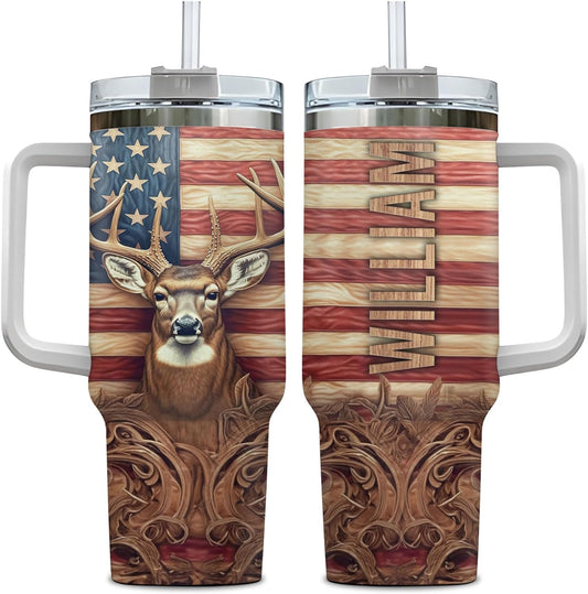 American Flag Deer Hunting Tumbler 40oz – Personalized Stainless Steel Insulated Cup with Handle & Straw – Rugged Gift for Hunters