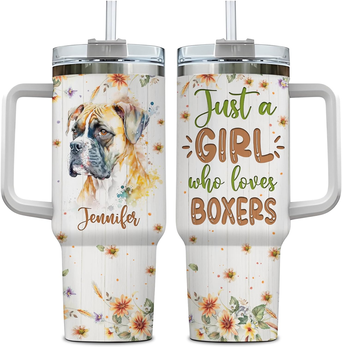Boxer Lover Tumbler 40oz with Handle & Straw – Personalized Stainless Steel Insulated Travel Mug – Fun Gift for Dog Moms