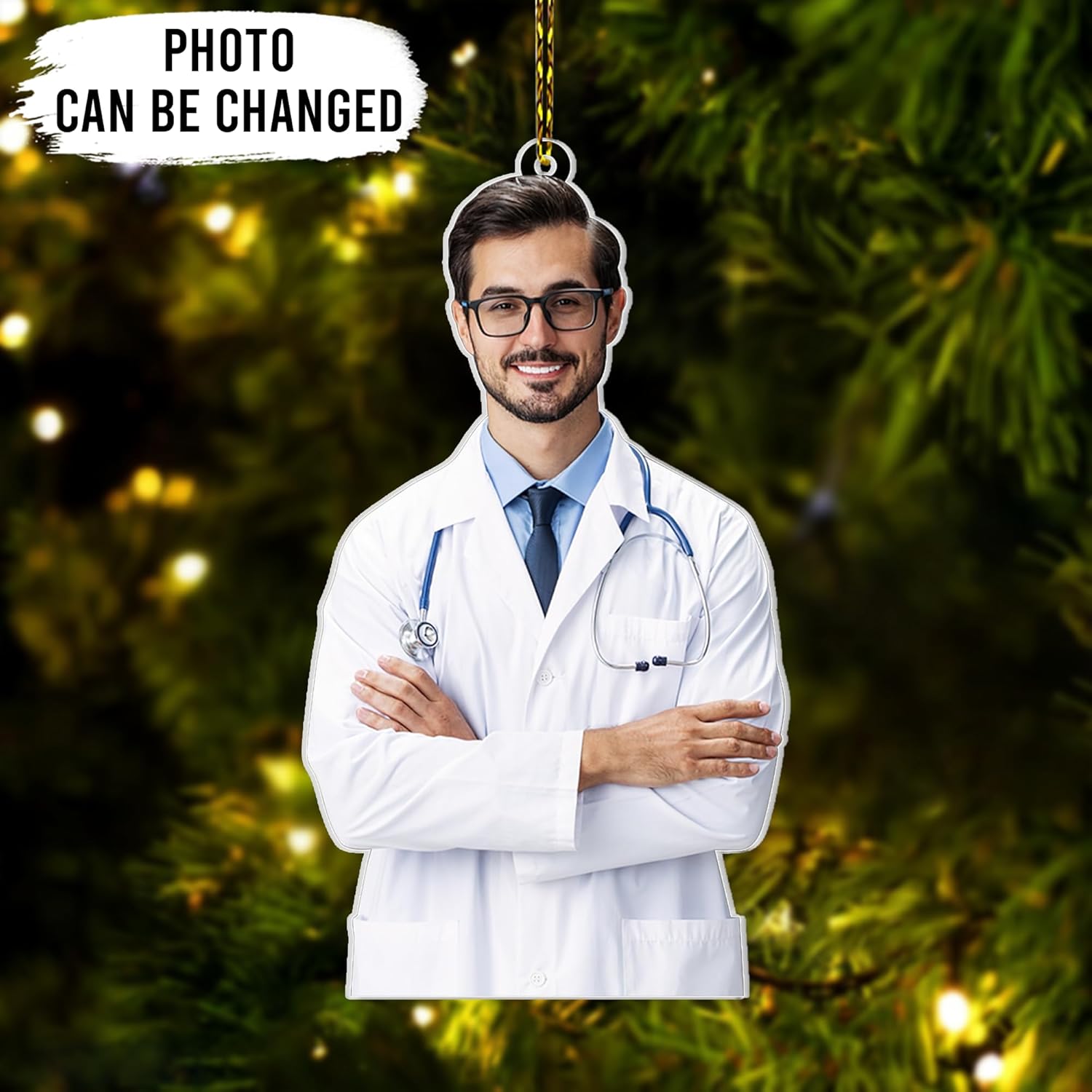 Doctor Silhouette Cut Acrylic Ornament – Personalized Photo Christmas Gift for Physician, PA or Medical Student, White Coat Celebration Keepsake