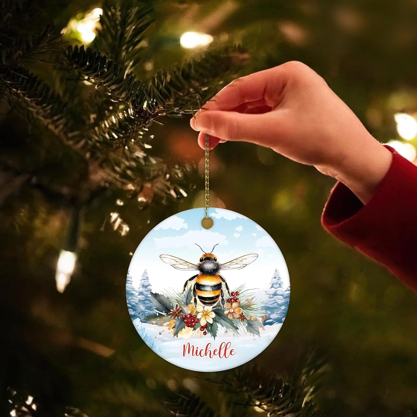 Bee Winter Illustration Ceramic Ornament – Personalized Christmas Gift for Nature Lover, Gardener or Beekeeper