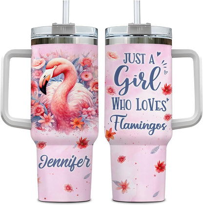 Pink Flamingo Tumbler 40oz – Personalized Stainless Steel Insulated Cup with Handle & Straw – Stylish Gift for Flamingo Lovers