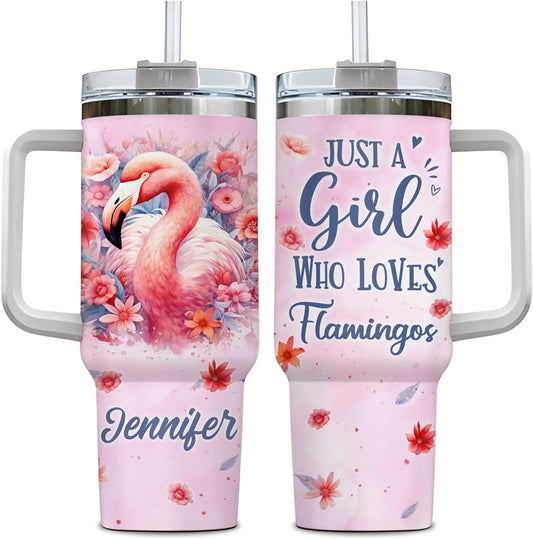 Pink Flamingo Tumbler 40oz – Personalized Stainless Steel Insulated Cup with Handle & Straw – Stylish Gift for Flamingo Lovers
