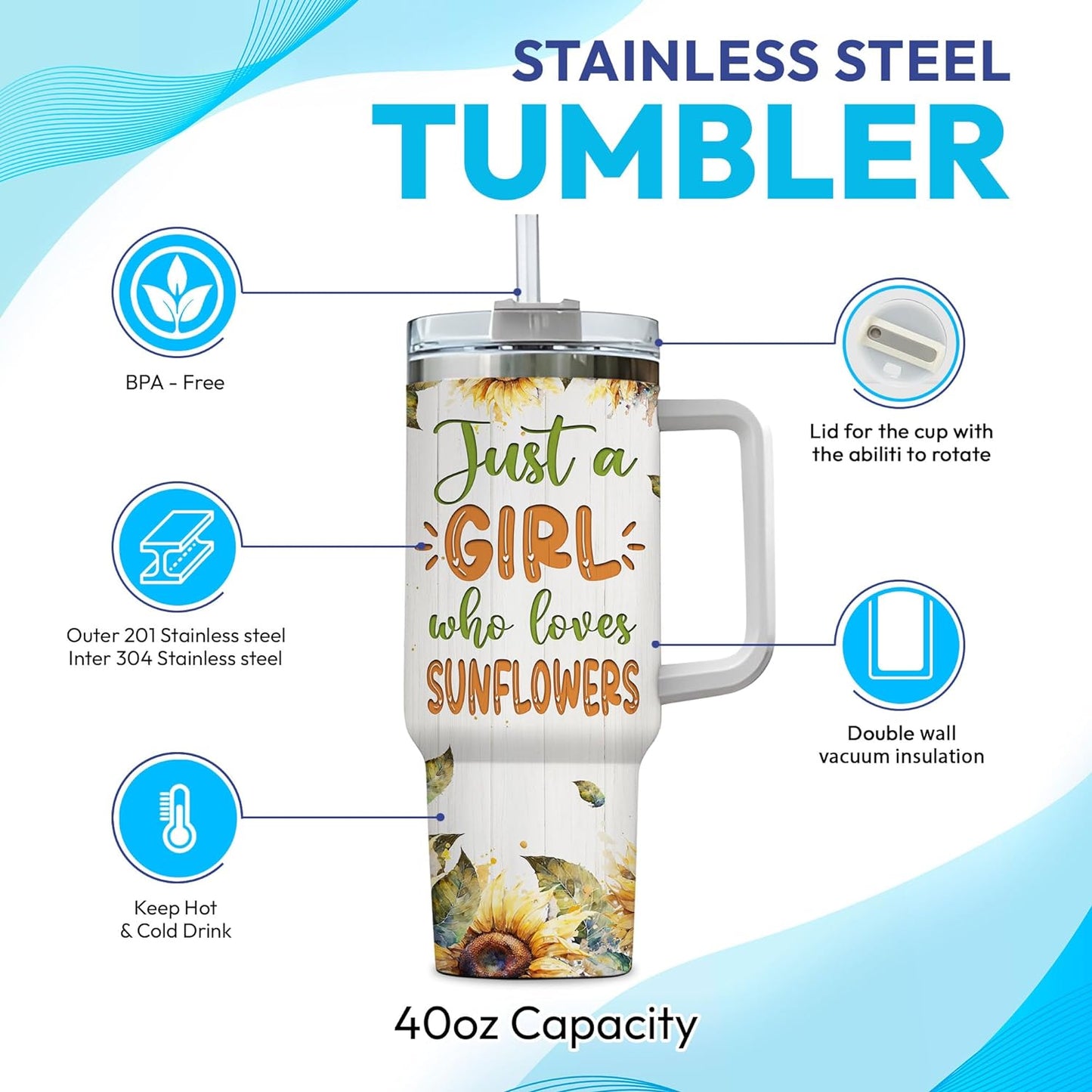 Watercolor Sunflower 40oz Tumbler with Handle & Straw – Personalized Stainless Steel Insulated Travel Cup with Lid – Stylish Floral Gift for Women
