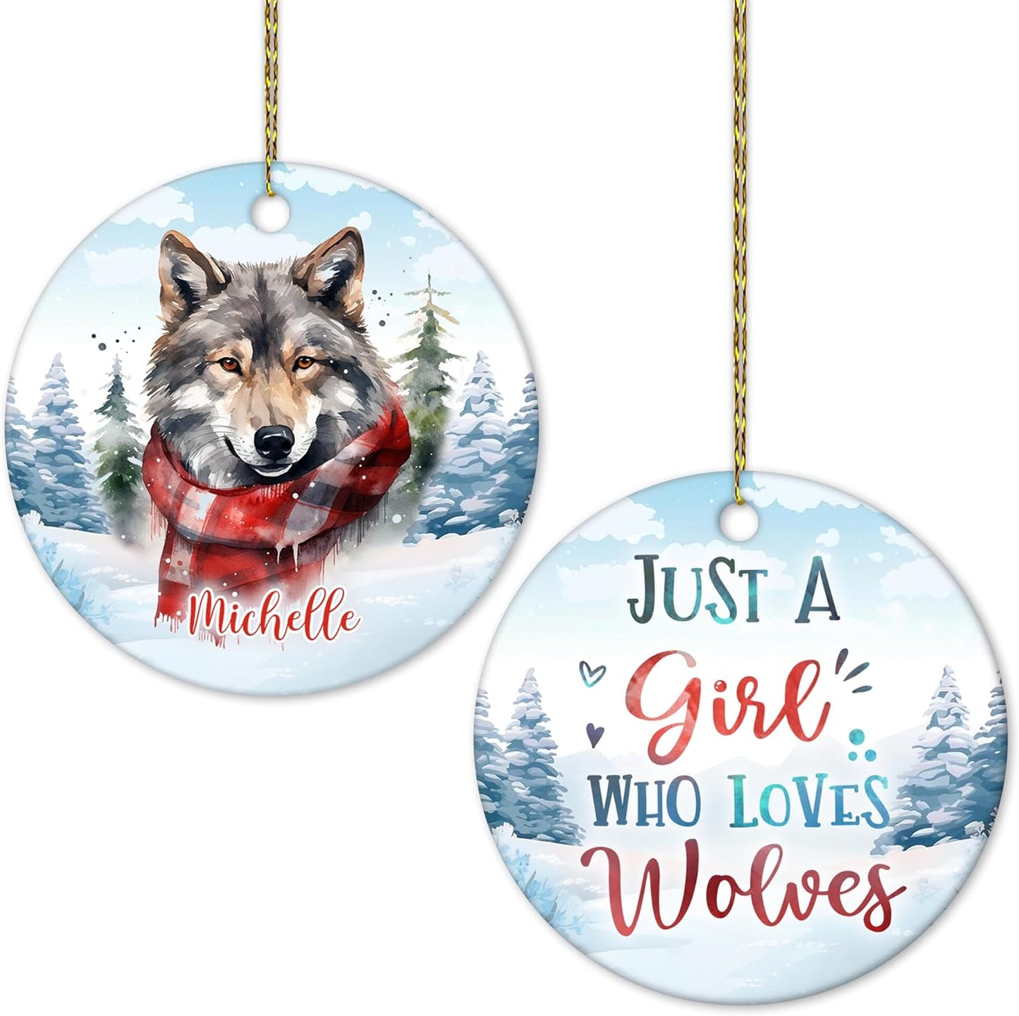 Winter Wolf Ceramic Ornament – Personalized Name, Custom Christmas or Birthday Gift for Wolf Lover, Nature Fan or Cabin Decor