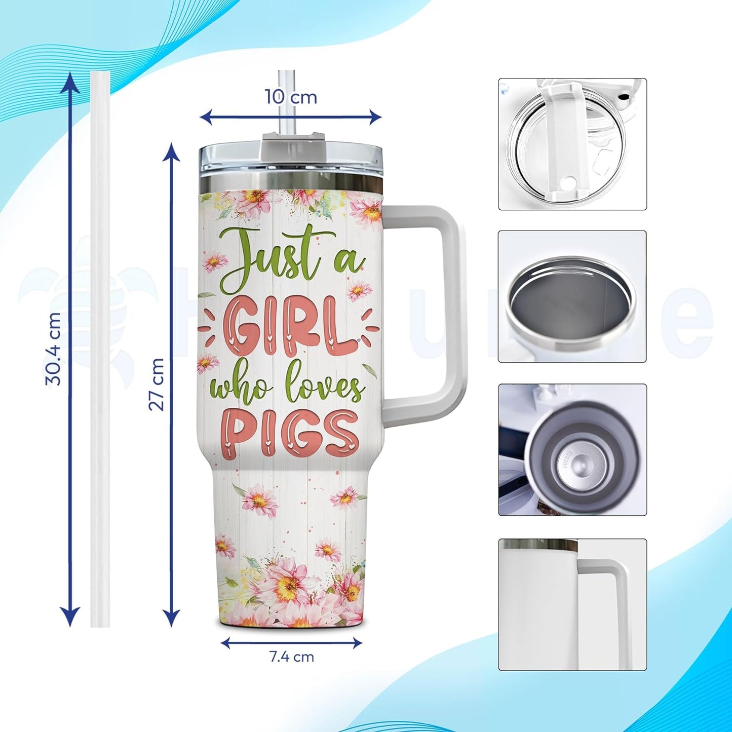 Pig Lover Tumbler 40oz – Personalized Stainless Steel Travel Cup with Handle & Straw, Insulated Coffee Mug – Cute Gift for Animal Lovers