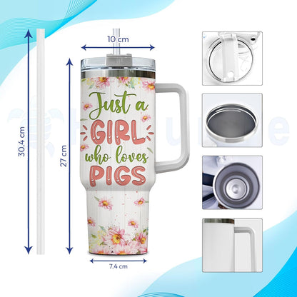 Pig Lover Tumbler 40oz – Personalized Stainless Steel Travel Cup with Handle & Straw, Insulated Coffee Mug – Cute Gift for Animal Lovers