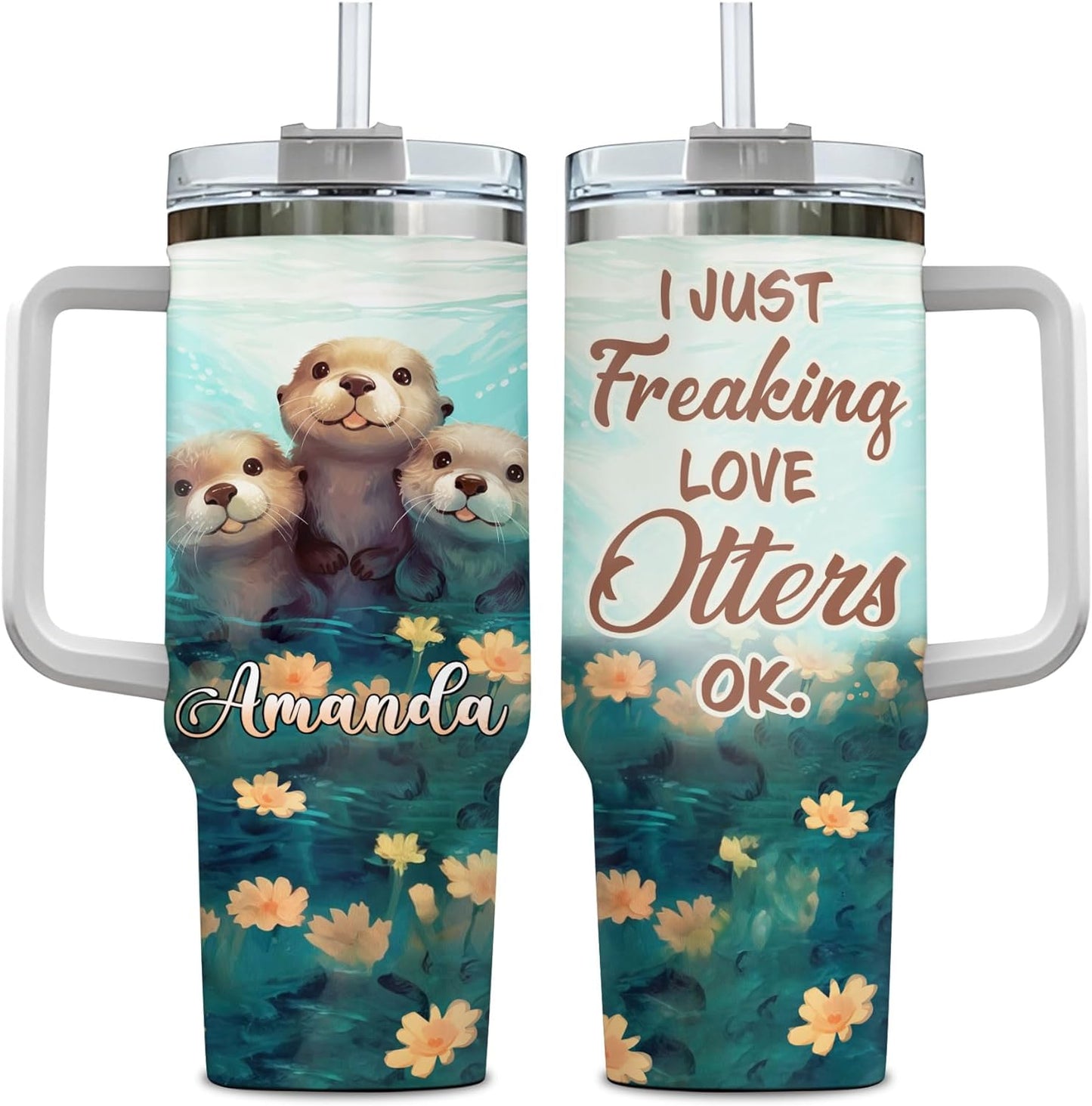Cute Otter Tumbler 40oz with Handle & Straw – Personalized Stainless Steel Insulated Travel Cup with Lid – Adorable Gift for Otter Lovers