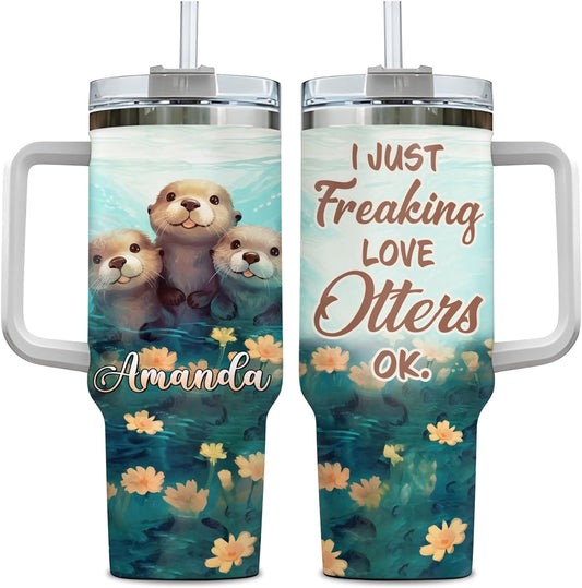 Cute Otter Tumbler 40oz with Handle & Straw – Personalized Stainless Steel Insulated Travel Cup with Lid – Adorable Gift for Otter Lovers