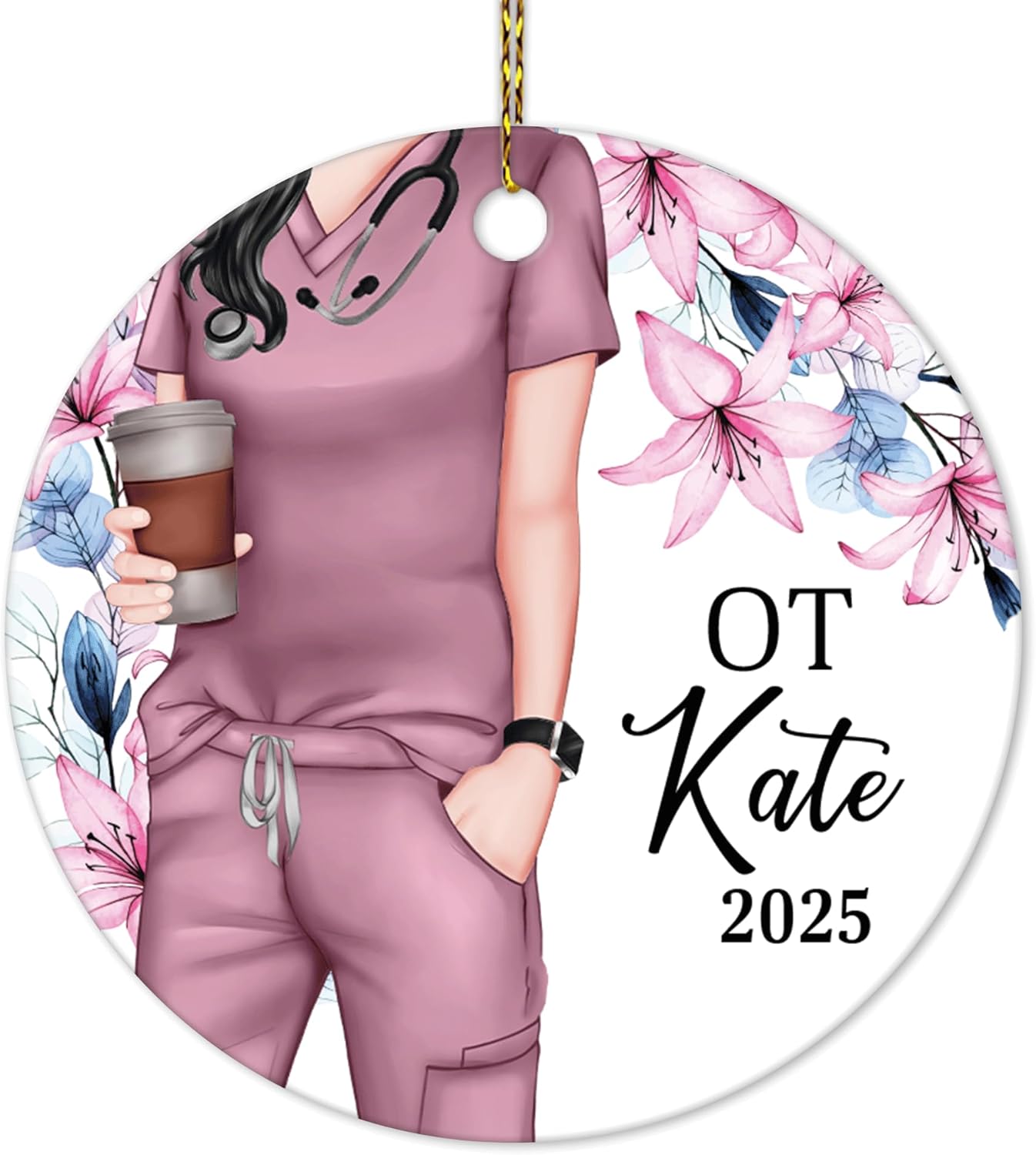 Occupational Therapist Scrubs Floral Ceramic Circle Ornament – Personalized Christmas Gift for OT or OTA, Therapy Team Appreciation Keepsake
