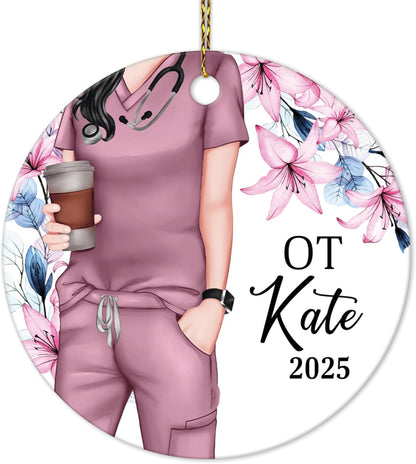 Occupational Therapist Scrubs Floral Ceramic Circle Ornament – Personalized Christmas Gift for OT or OTA, Therapy Team Appreciation Keepsake