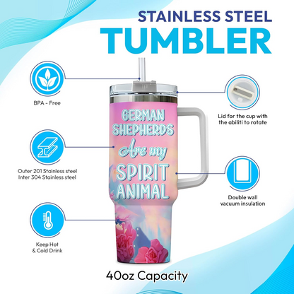 German Shepherd Spirit Animal Tumbler 40oz – Personalized Stainless Steel Insulated Cup with Handle & Straw – Unique Gift for Dog Lovers