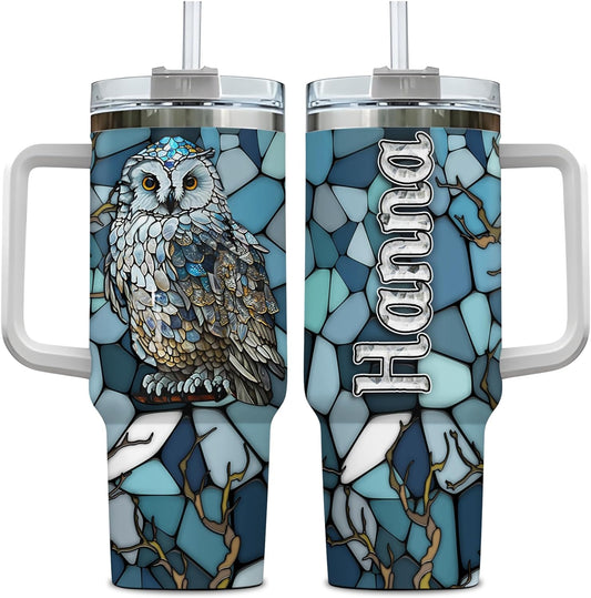 Blue Mosaic Owl Tumbler 40oz with Handle & Straw – Personalized Stainless Steel Insulated Travel Cup with Lid – Stylish Gift for Owl Lovers