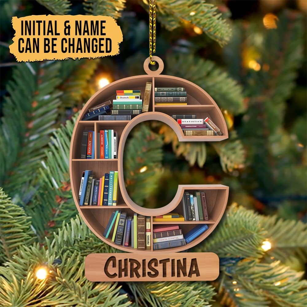 Bookshelf Initial Wood Ornament – Personalized Christmas Gift for Teacher, Librarian, or Book Nerd