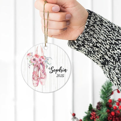 Ballet Pointe Shoes with Florals Ceramic Ornament – Personalized Name, Custom Christmas Gift for Ballerina Girl, Dance Student or Teacher