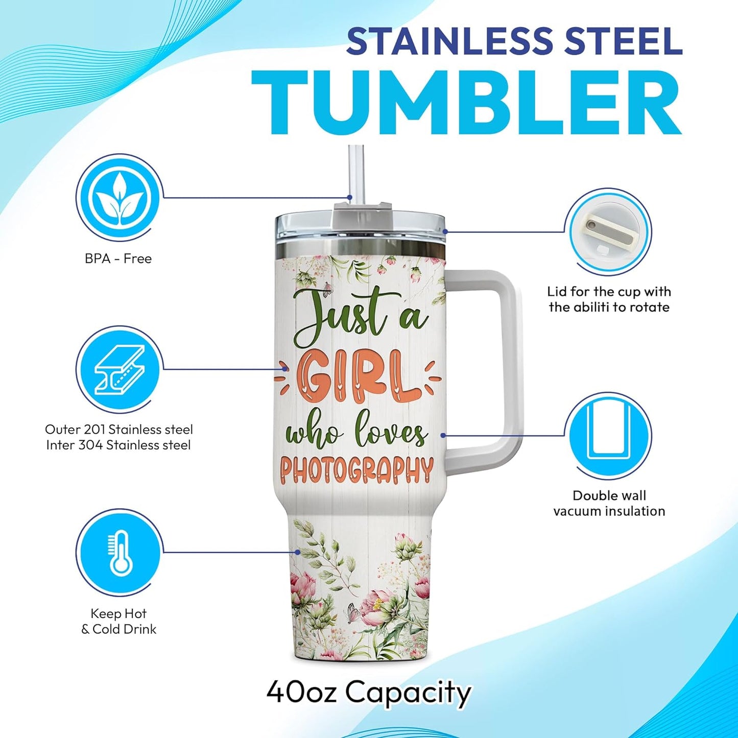Vintage Camera Art 40oz Tumbler with Handle & Straw – Personalized Stainless Steel Insulated Travel Cup with Lid – Creative Gift for Photography Lovers