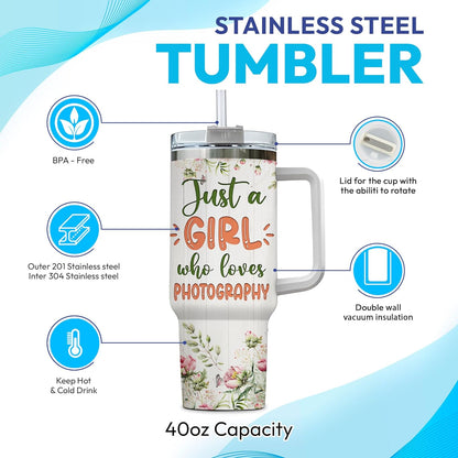 Vintage Camera Art 40oz Tumbler with Handle & Straw – Personalized Stainless Steel Insulated Travel Cup with Lid – Creative Gift for Photography Lovers