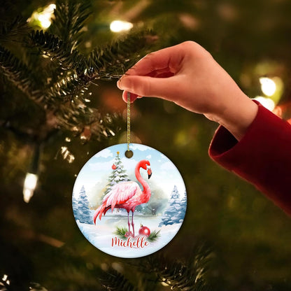 Flamingo Winter Scene Ceramic Circle Ornament – Personalized Christmas Gift for Flamingo Lover, Tropical-Chic Tree Decor Keepsake for Her