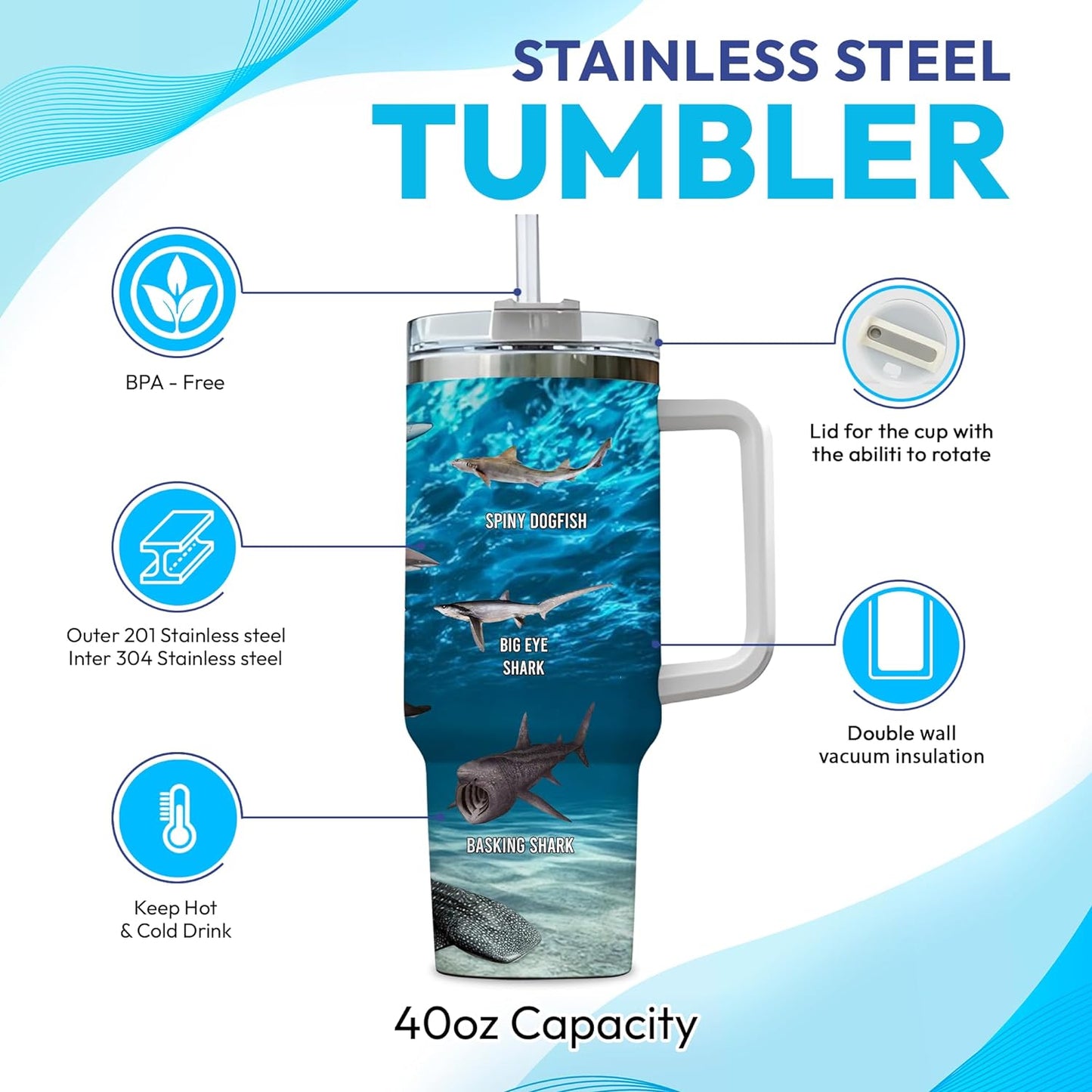 Shark Lover Tumbler 40oz with Handle & Straw – Personalized Stainless Steel Insulated Travel Cup with Lid – Sea Adventure Gift for Men & Kids
