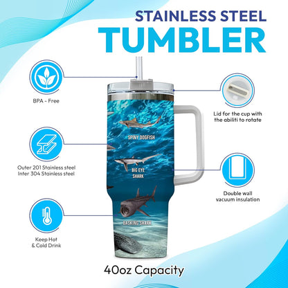 Shark Lover Tumbler 40oz with Handle & Straw – Personalized Stainless Steel Insulated Travel Cup with Lid – Sea Adventure Gift for Men & Kids