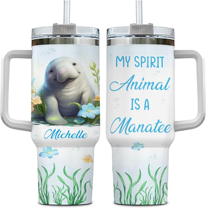 Manatee Ocean Theme Tumbler 40oz with Handle & Straw – Personalized Stainless Steel Insulated Cup with Lid – Cute Gift for Sea Animal Lovers