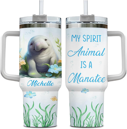 Manatee Ocean Theme Tumbler 40oz with Handle & Straw – Personalized Stainless Steel Insulated Cup with Lid – Cute Gift for Sea Animal Lovers