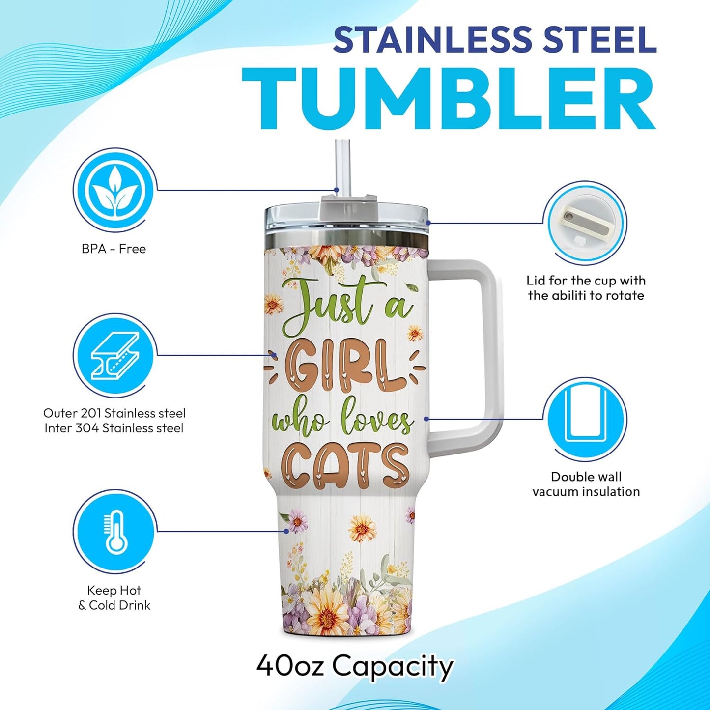Cat Floral 40oz Tumbler with Handle & Straw – Personalized Stainless Steel Insulated Cup with Lid – Cute Gift for Cat Lovers