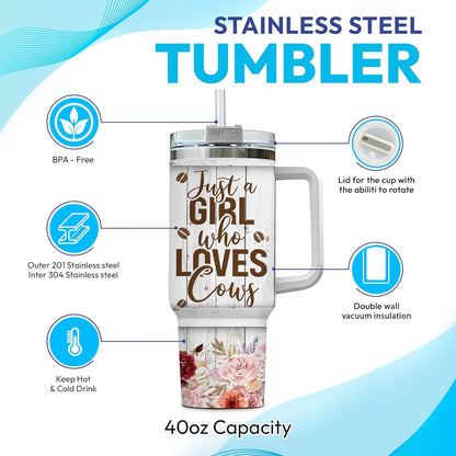 Floral Highland Cow Tumbler 40oz with Handle & Straw – Personalized Stainless Steel Travel Cup with Lid – Unique Gift for Farm Animal Lovers