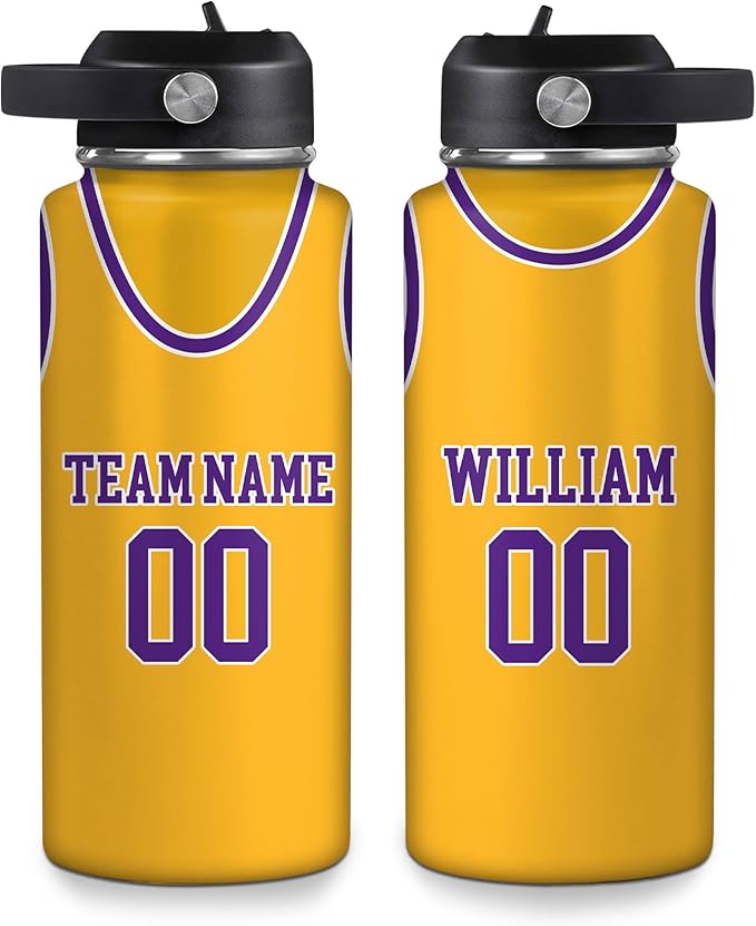 Basketball Jersey Custom Name & Number Water Bottle 32oz – Personalized Stainless Steel Insulated Bottle with Leak-Proof Lid – Sporty Gift for Basketball Fans & Players