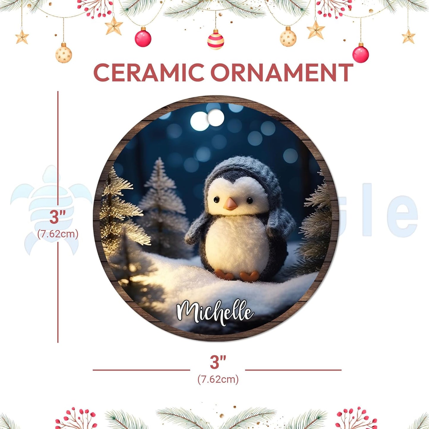 Cozy Penguin in Snow Ceramic Circle Ornament – Personalized Christmas Gift for Penguin Lover, Kids or Winter-Animal Fans