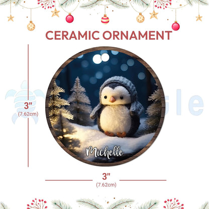Cozy Penguin in Snow Ceramic Circle Ornament – Personalized Christmas Gift for Penguin Lover, Kids or Winter-Animal Fans