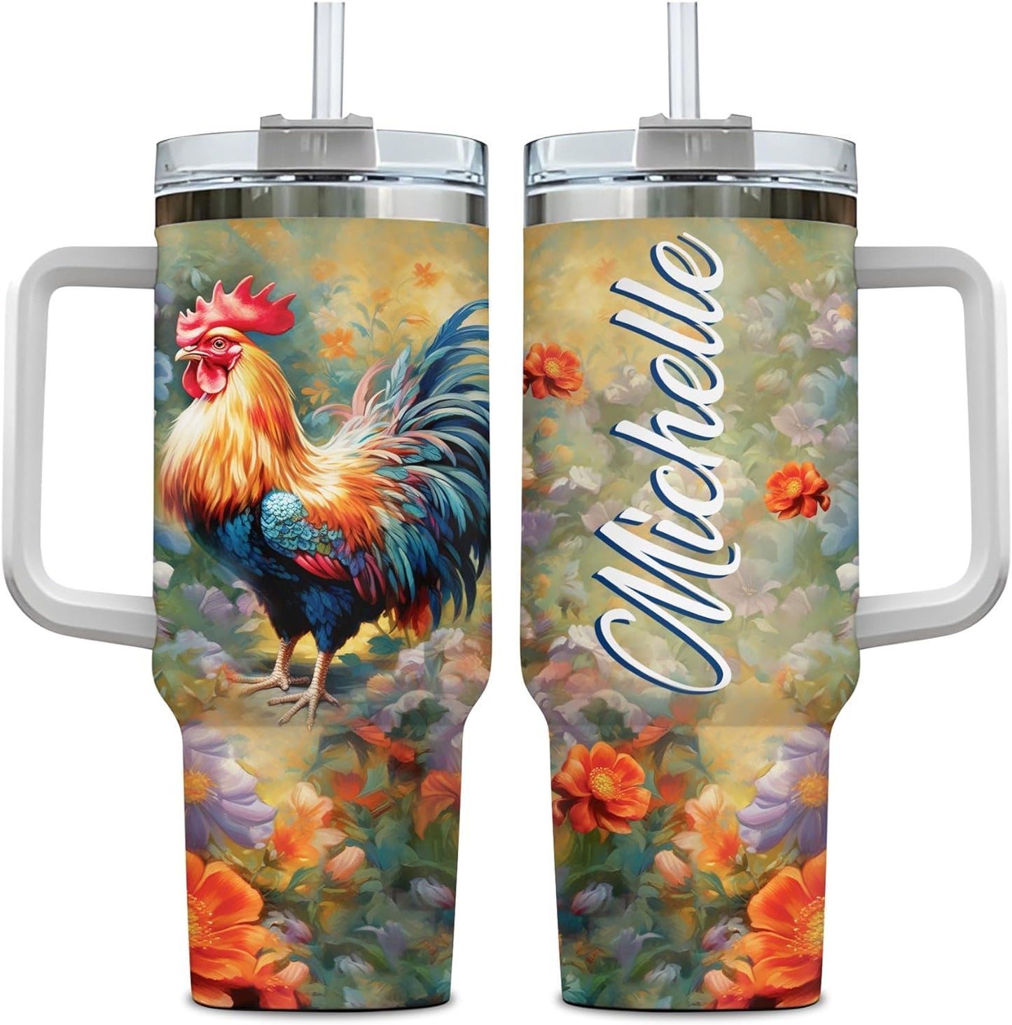 Colorful Rooster Tumbler 40oz – Personalized Stainless Steel Insulated Cup with Handle & Straw – Fun Gift for Chicken Lovers