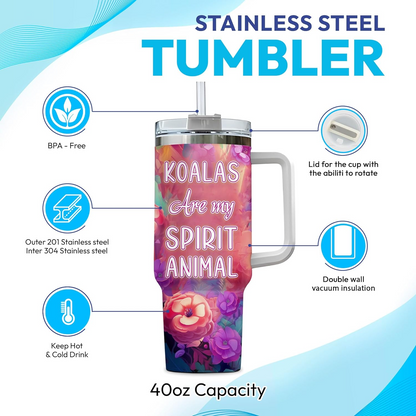 Koala Lover Tumbler 40oz with Handle & Straw – Personalized Stainless Steel Insulated Travel Cup with Lid – Cute Birthday Gift for Animal Lovers
