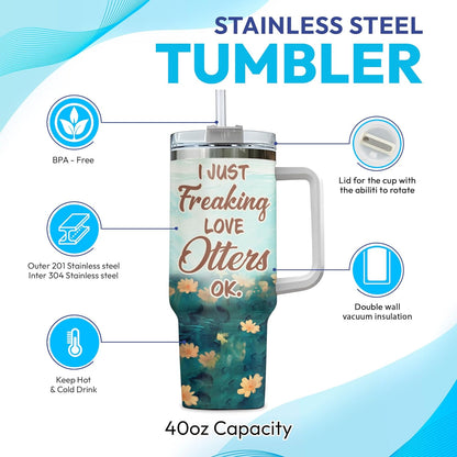 Cute Otter Tumbler 40oz with Handle & Straw – Personalized Stainless Steel Insulated Travel Cup with Lid – Adorable Gift for Otter Lovers