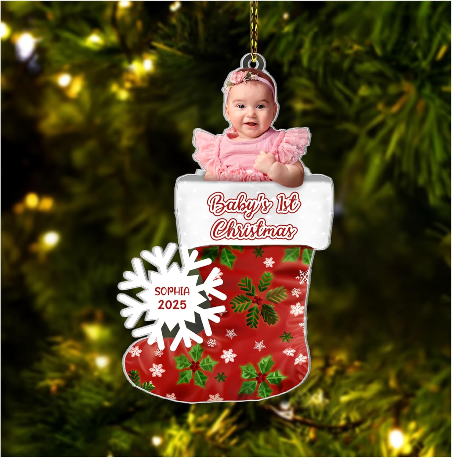 Baby’s First Christmas Stocking Cut Acrylic Ornament – Personalized Photo Keepsake Gift for New Parents, Girl or Boy, Nursery and Tree Decor