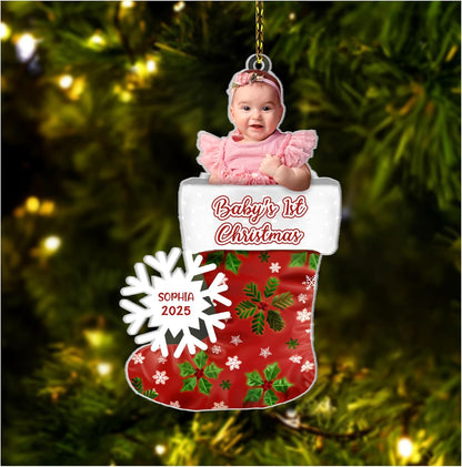 Baby’s First Christmas Stocking Cut Acrylic Ornament – Personalized Photo Keepsake Gift for New Parents, Girl or Boy, Nursery and Tree Decor
