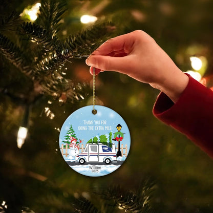 Mail Carrier Snowy Route Ceramic Circle Ornament – Personalized Christmas Thank-You Gift for Postal Worker, Delivery Driver or Mailman Appreciation
