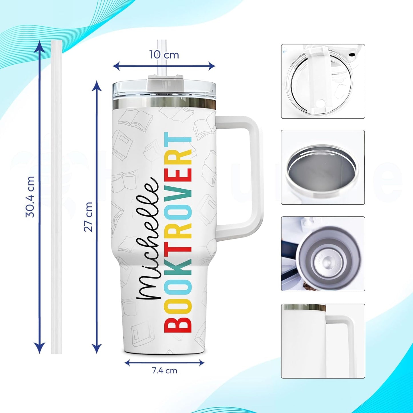 Booktrovert Tumbler 40oz with Handle & Straw – Personalized Stainless Steel Insulated Travel Cup with Lid – Fun Gift for Book Lovers