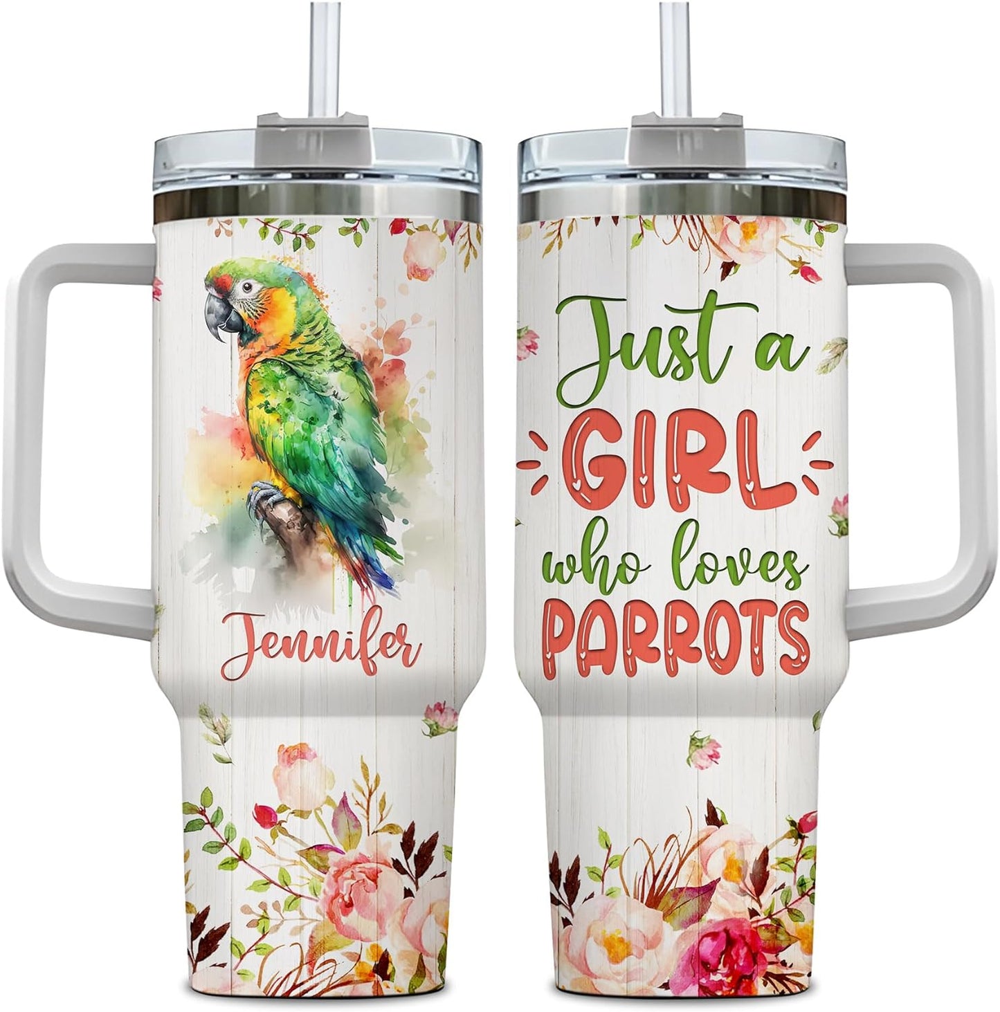 Parrot Lover Tumbler 40oz with Handle & Straw – Personalized Stainless Steel Travel Cup with Lid – Fun Gift for Tropical Bird Lovers