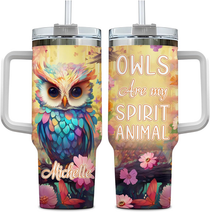 Colorful Owl Tumbler 40oz with Handle & Straw – Personalized Stainless Steel Cup with Lid – Cute Bird Lover Gift for Women & Girls