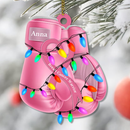 Pink Boxing Gloves Cut Acrylic Ornament – Personalized Breast Cancer Warrior Christmas Gift for Fighter, Survivor, or Supporter