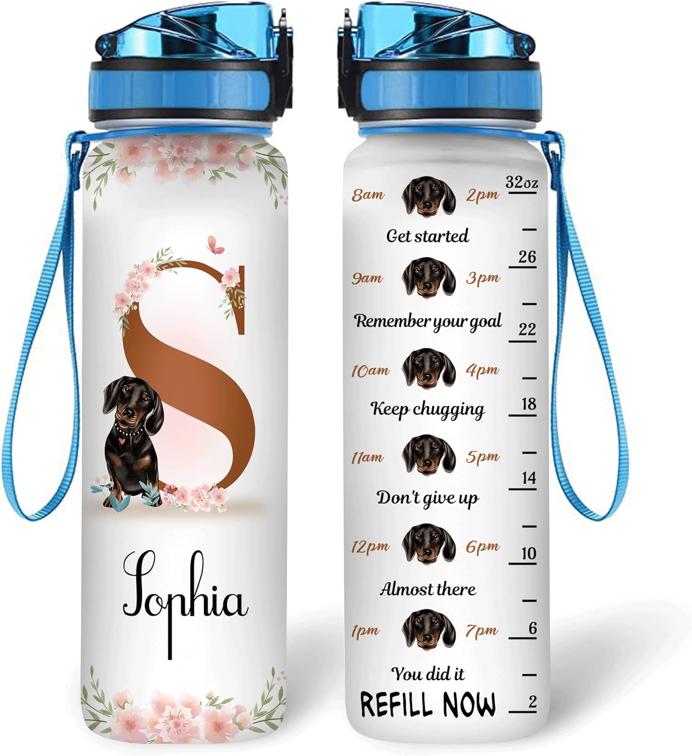 Dachshunds Floral Theme - Personalized Water Tracker Bottle 32oz