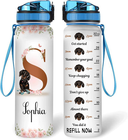Dachshund Lover 32oz Water Bottle Tracker – Personalized Hydration Bottle with Time Marker – Cute Gift for Dog Lovers