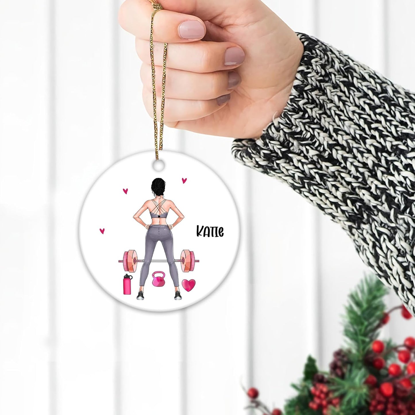 Female Weightlifter Fitness Ceramic Ornament – Personalized Name, Custom Christmas Gift for Gym Girls, Trainers, Coaches and Workout Lovers