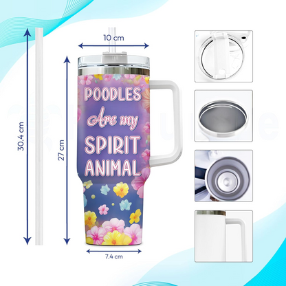 Poodle Spirit Animal Tumbler 40oz – Personalized Stainless Steel Travel Cup with Handle & Straw – Cute Gift for Dog Moms & Pet Lovers