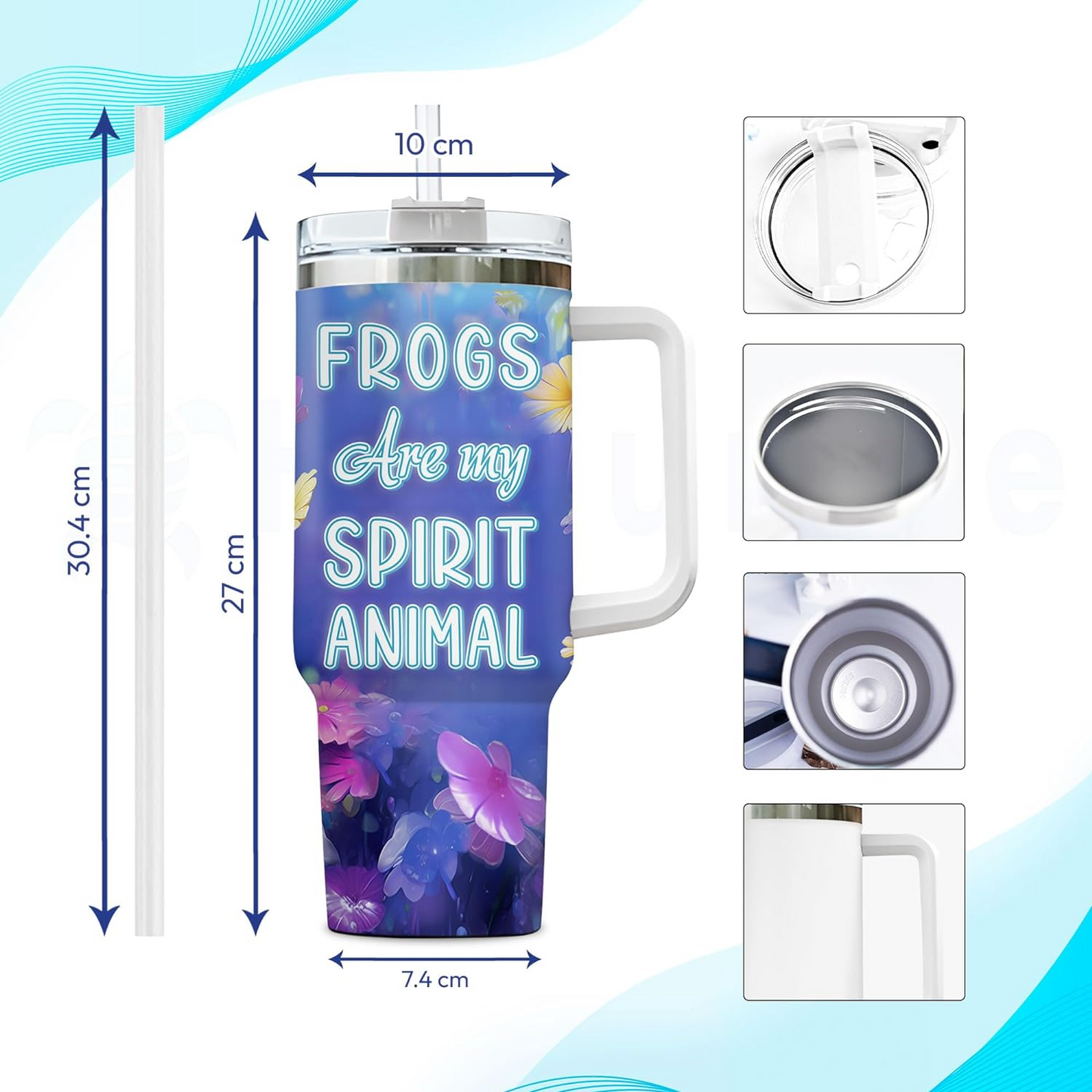 Colorful Frog Tumbler 40oz with Handle & Straw – Personalized Stainless Steel Cup with Lid – Cute Animal Lover Gift for Women & Kids