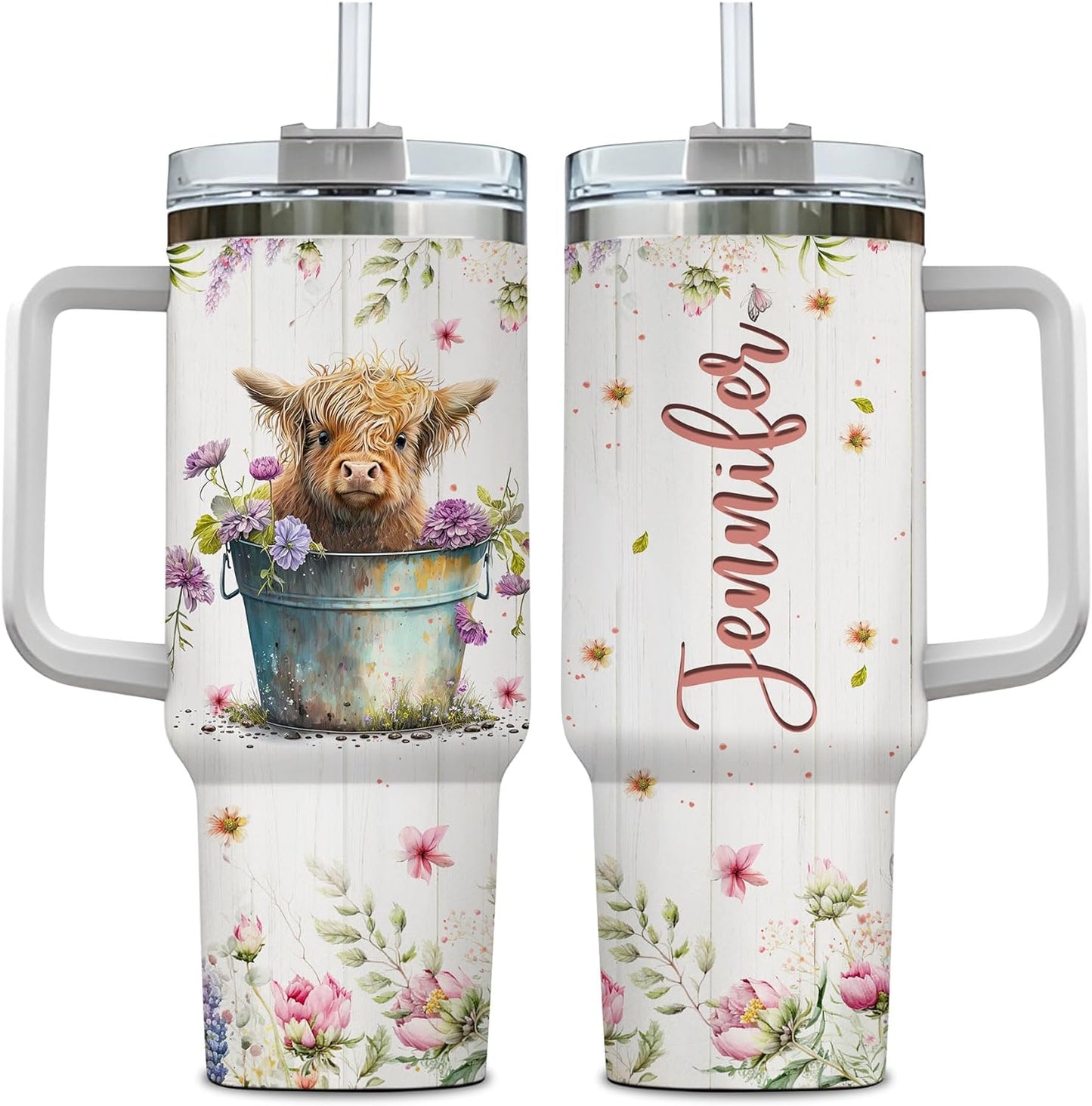 Floral Highland Cow Tumbler 40oz with Handle & Straw – Personalized Stainless Steel Insulated Travel Cup with Lid – Creative Gift for Cow Lovers