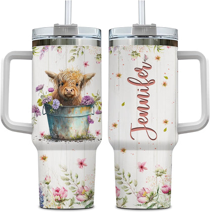 Floral Highland Cow Tumbler 40oz with Handle & Straw – Personalized Stainless Steel Insulated Travel Cup with Lid – Creative Gift for Cow Lovers