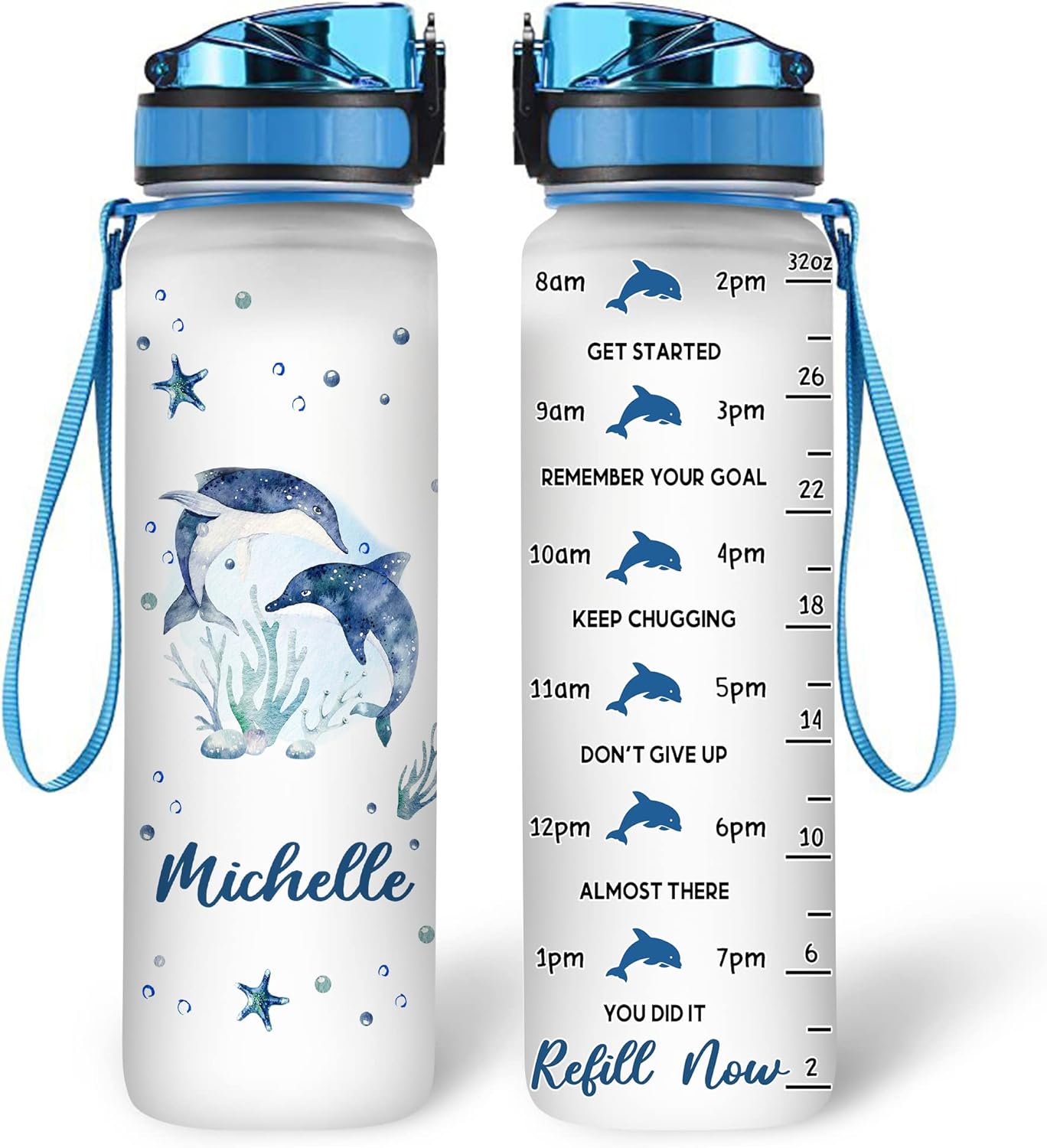 Couple Dolphins Water Bottle Tracker 32oz – Personalized Daily Bottle with Time Marker – Ocean Gift for Women Girls