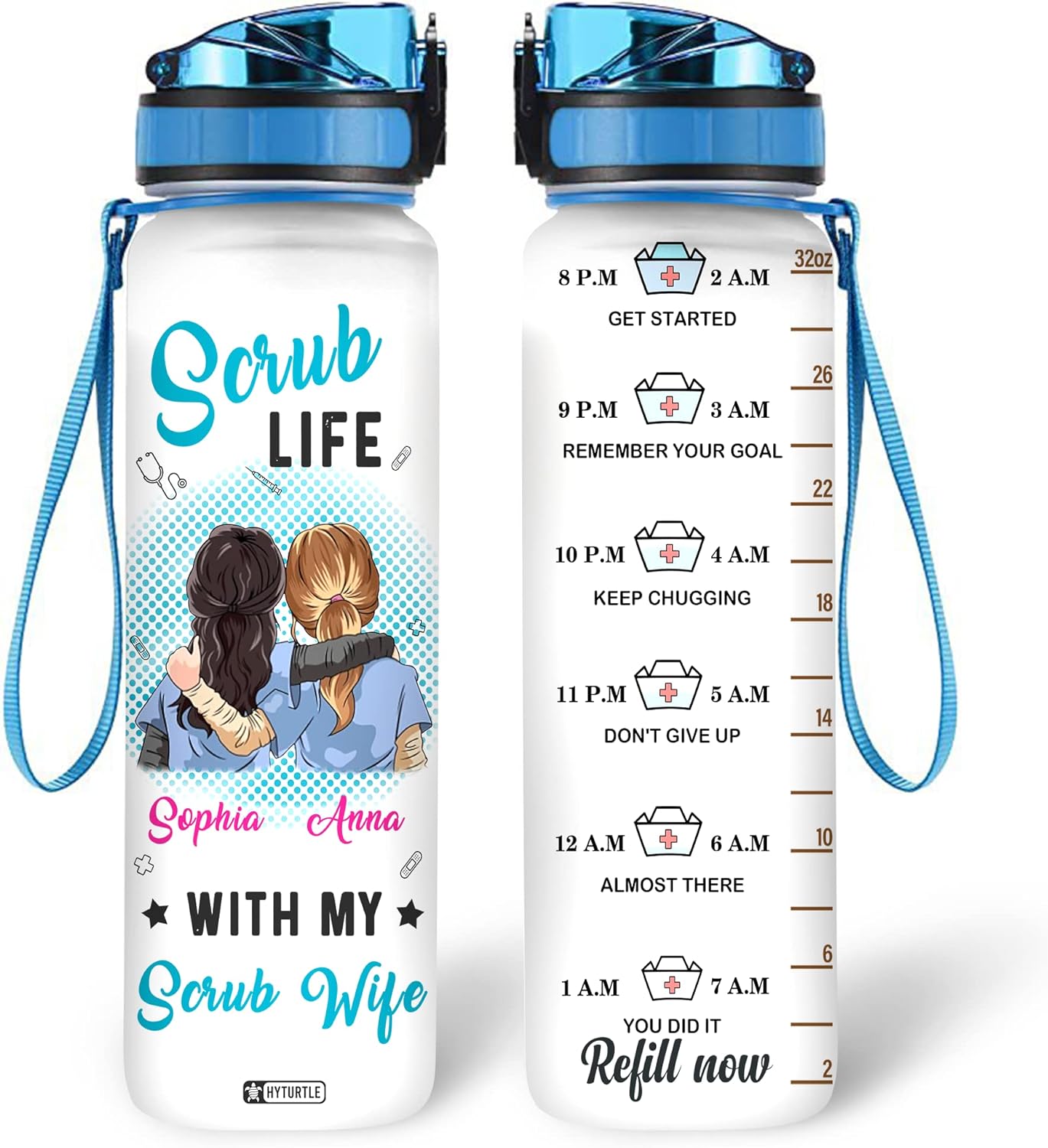 Scrub Wife Nurse Water Bottle Tracker 32oz Personalized – Medical Theme Hydration Bottle – Graduation or Birthday Gift for Nurses