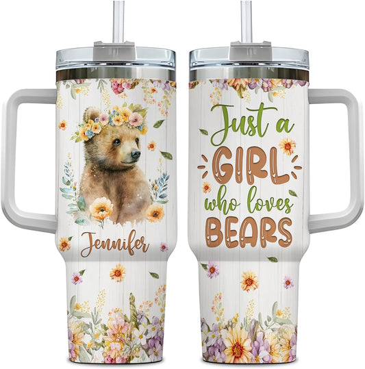 Bear Lover Tumbler 40oz – Personalized Stainless Steel Insulated Cup with Handle & Straw – Woodland Theme Travel Mug Gift for Women